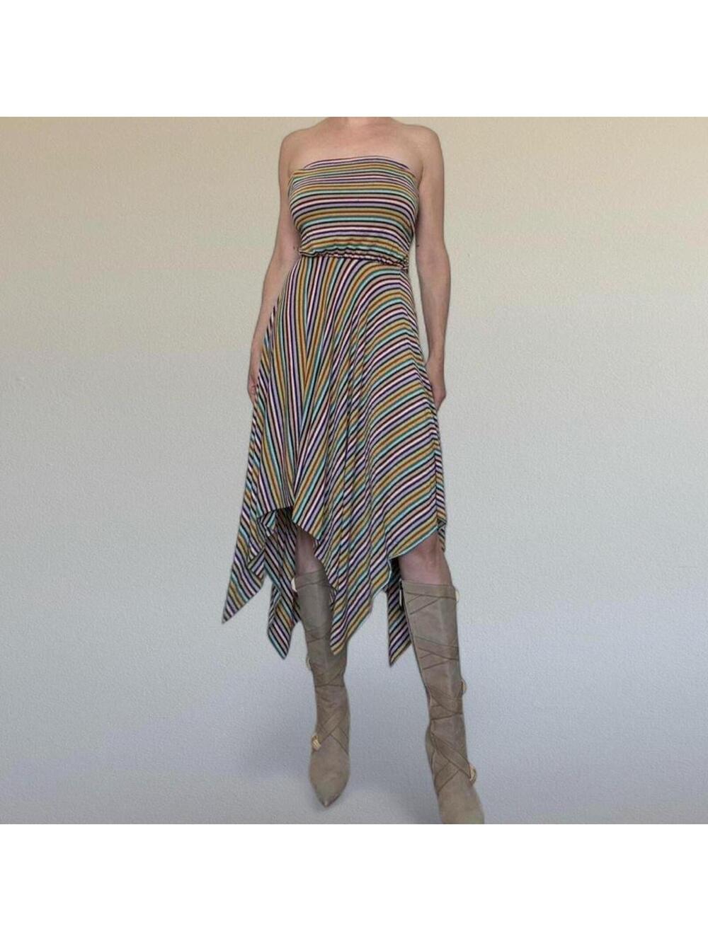 Asymmetrical striped strapless dress size small.
